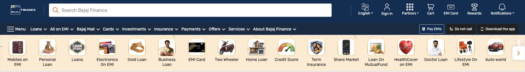 Public Bajaj Finance desktop header with search field and product categories